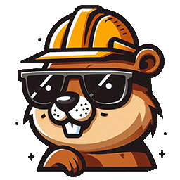 Логотип бренда JOBR, KURWA!™: мультяшный бобёр-маскот в оранжевой строительной каске и чёрных солнцезащитных очках, символизирующий дружелюбный и профессиональный сервис поиска работы.